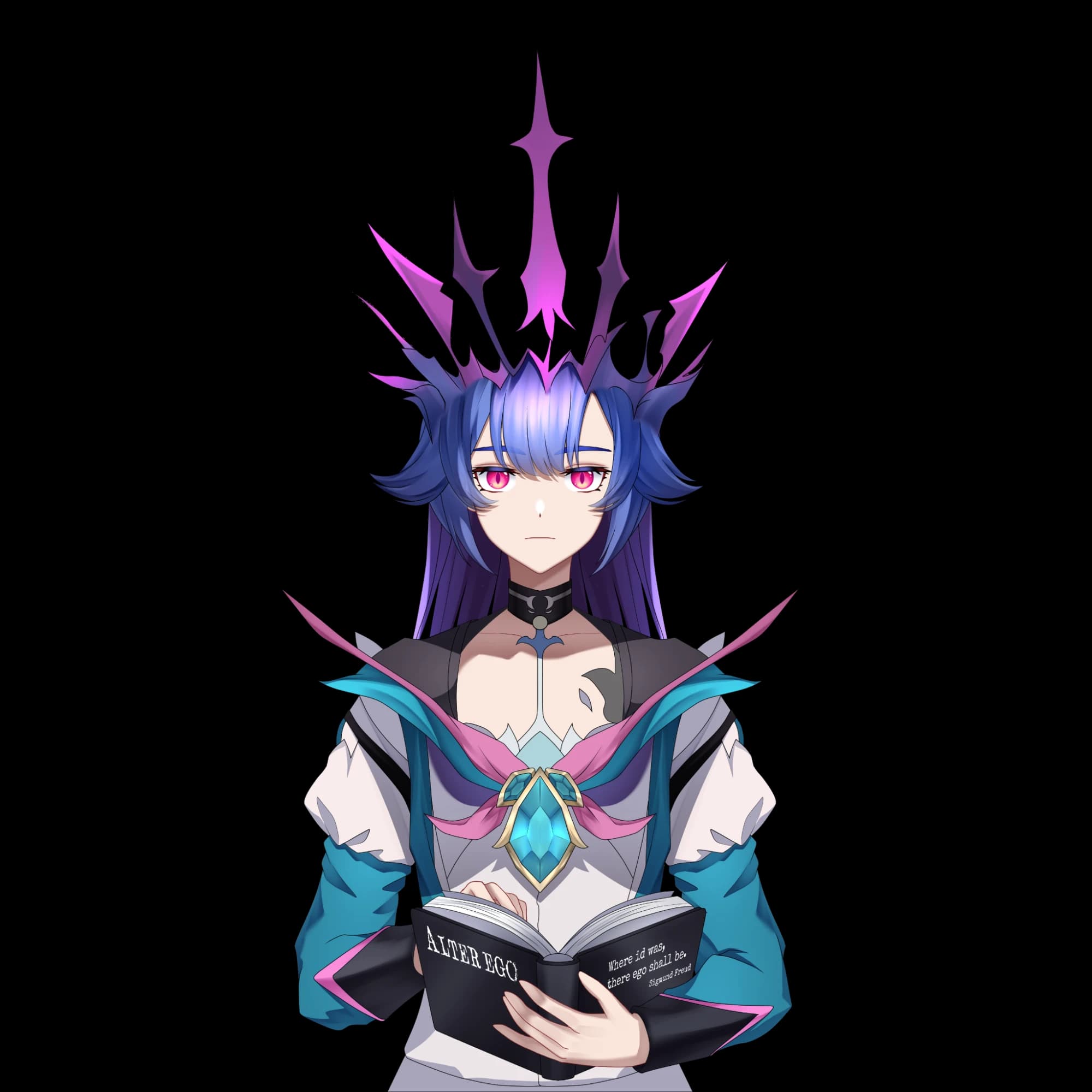 ThyLeniency, crowned, holding a book titled Alter Ego